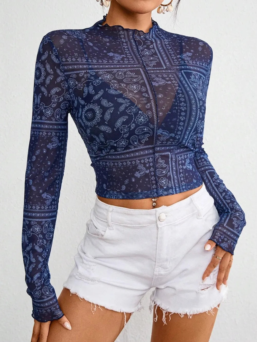 Plush Fashion Hub paisley print sheer long sleeve mock neck top with fitted design and elegant style.