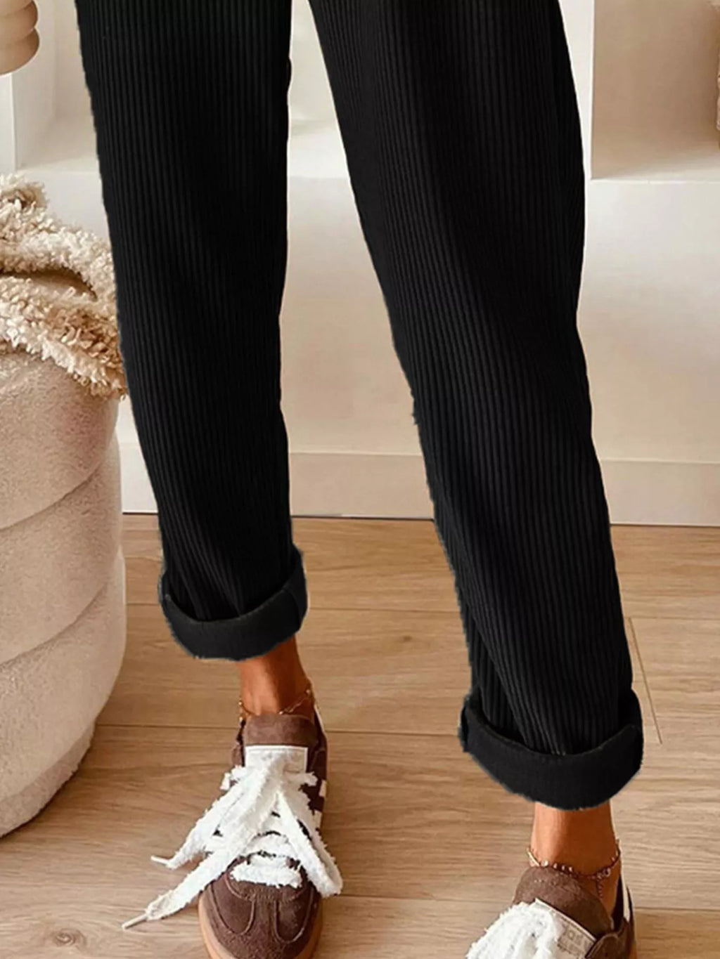 Simply Love casual corduroy drawstring waist pants, beige with relaxed fit and side pockets, suitable for everyday wear.