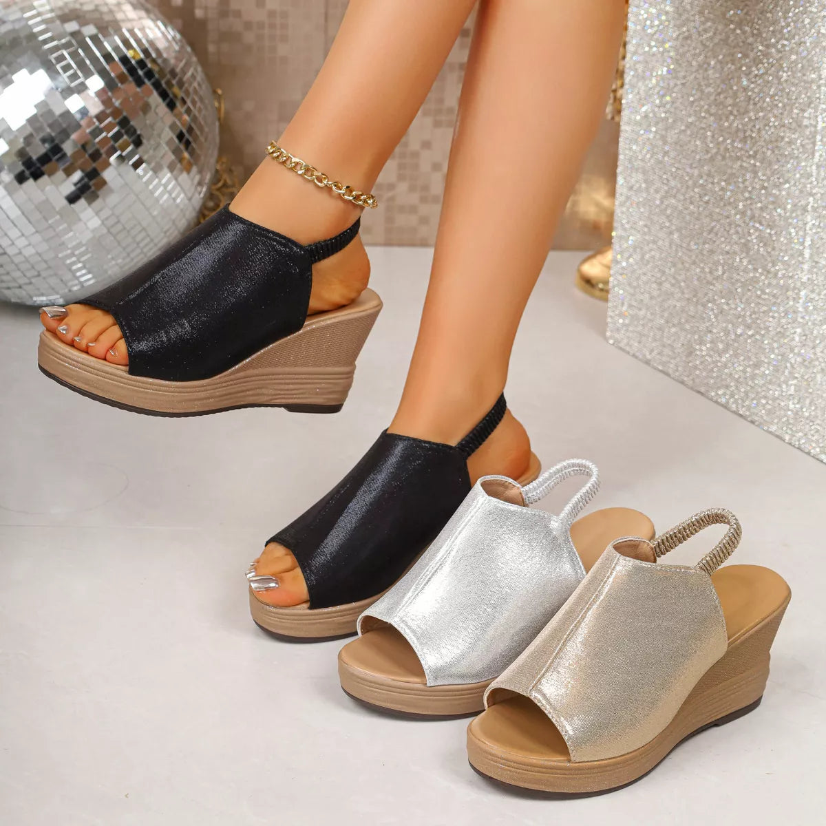 Open toe wedge sandals by Shopimist featuring a stylish design with a comfortable heel and natural leather straps.