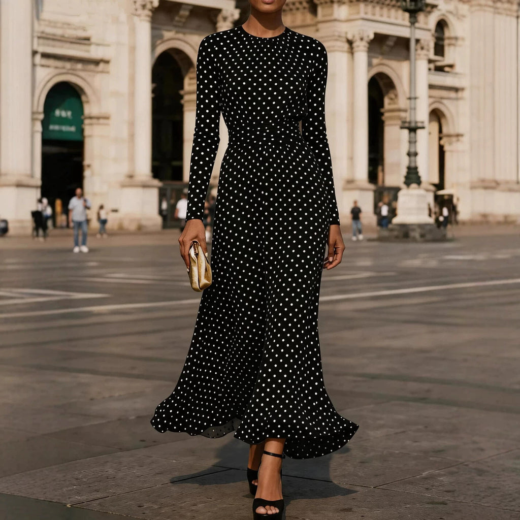 FitiqueFit round neck long sleeve polka dot sheath dress displayed on a mannequin, featuring a fitted silhouette and classic polka dot pattern.