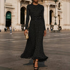 FitiqueFit round neck long sleeve polka dot sheath dress displayed on a mannequin, featuring a fitted silhouette and classic polka dot pattern.