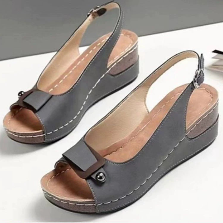 Women's comfortable peep toe wedge sandals with mid-heel, casual dress shoes featuring trendy designs and neutral color.