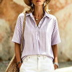 Women's striped short-sleeve shirt with turn-down collar by FitiqueFit, featuring a classic collar and casual fit.