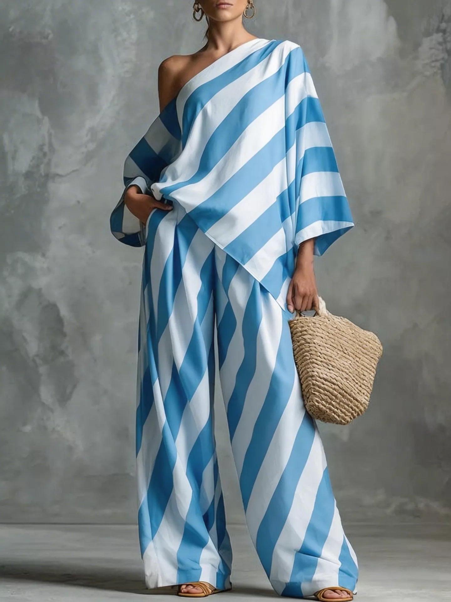 Plus size striped one-shoulder top and wide-leg pants set by Plush Fashion Hub, stylish and comfortable casual outfit.