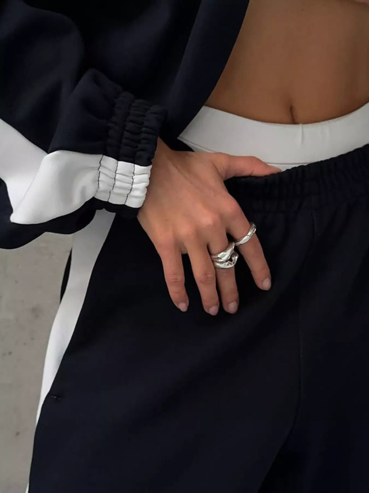 Plush Fashion Hub zip-up long sleeve tracksuit set in soft fabric, featuring a comfortable fit and stylish design.