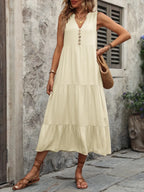 Ivy Lane Women's sleeveless cotton button-down dress with notched neckline, casual summer dress by Trendsi.