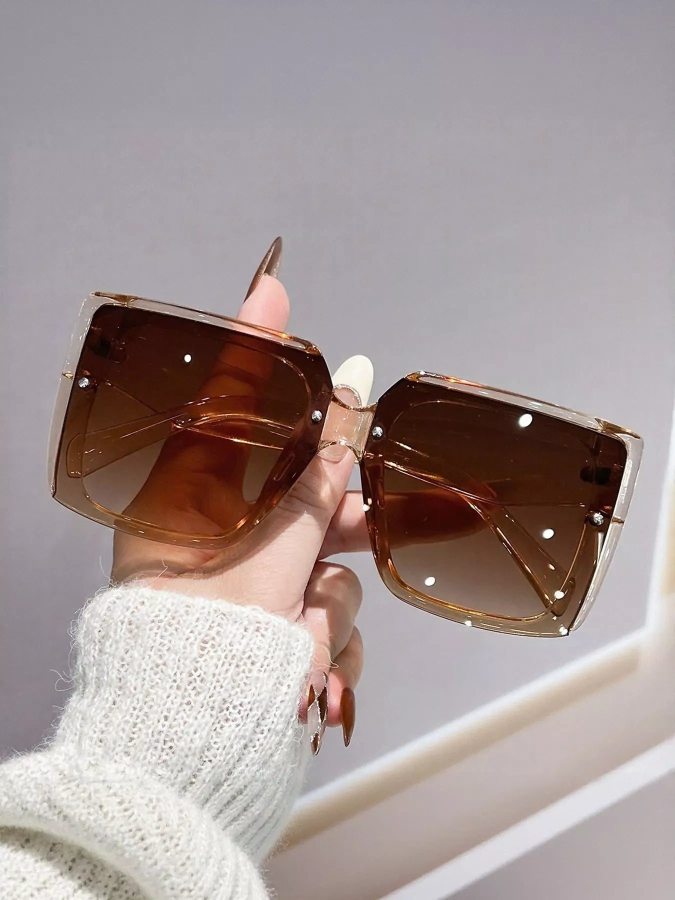 Oversized gradient square sunglasses with thick black frames and tinted lenses, trendy accessories by Trendsi.