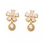 18K gold-plated stainless steel zircon flower drop earrings with intricate petal design and sparkling gemstone accents