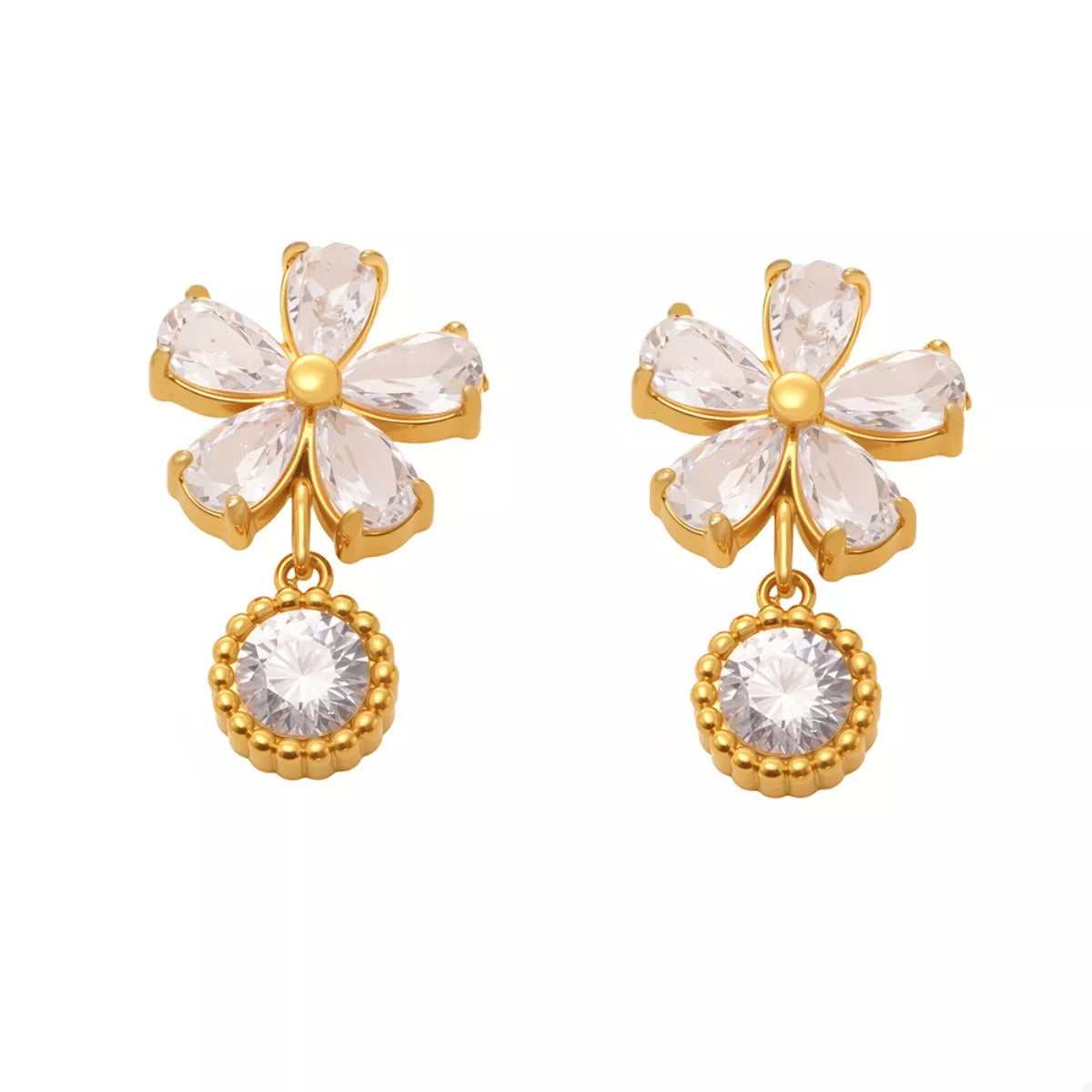 18K gold-plated stainless steel zircon flower drop earrings with intricate petal design and sparkling gemstone accents