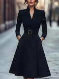Women's V-neck long sleeve swing dress by FitiqueFit, casual autumn winter midi dress in soft fabric, shown on a model.