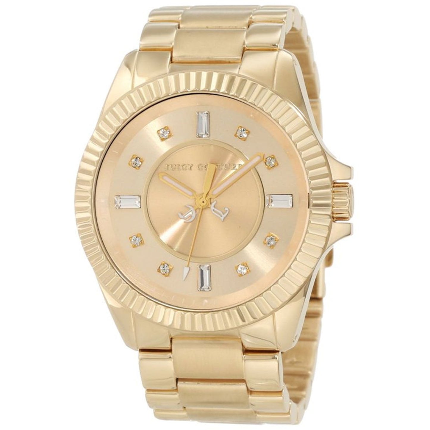 Juicy Couture Women's Stella watch with a sleek metal band and round face, displayed on a white background.