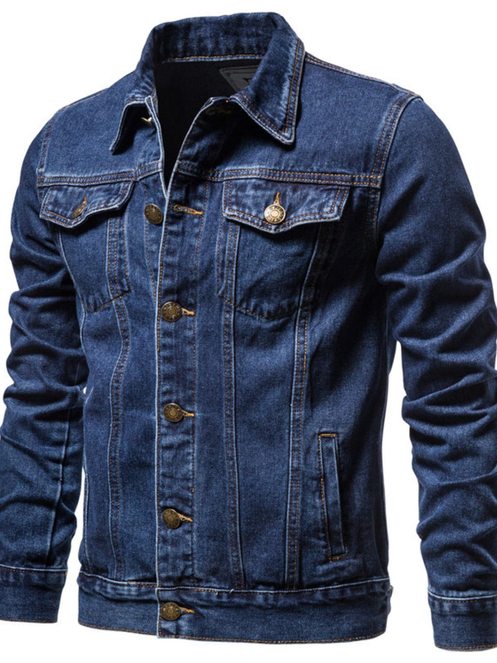 VYSN men's button-down long sleeve denim jacket hanging on a wooden hanger, featuring classic blue denim with chest pockets.