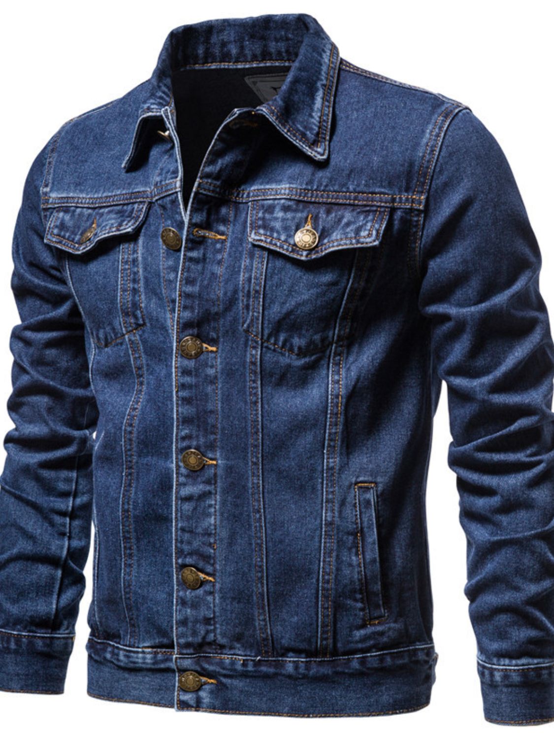 VYSN men's button-down long sleeve denim jacket hanging on a wooden hanger, featuring classic blue denim with chest pockets.