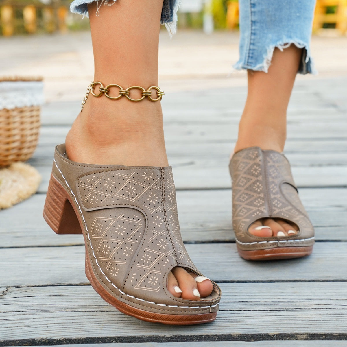 Women's chic peep toe block heel sandals with comfortable mid-height heel, stylish dress shoes by Trendsi.