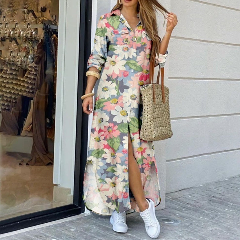 Women's floral print long shirt dress with lapel collar, midi length, relaxed fit, from Plush Fashion Hub.