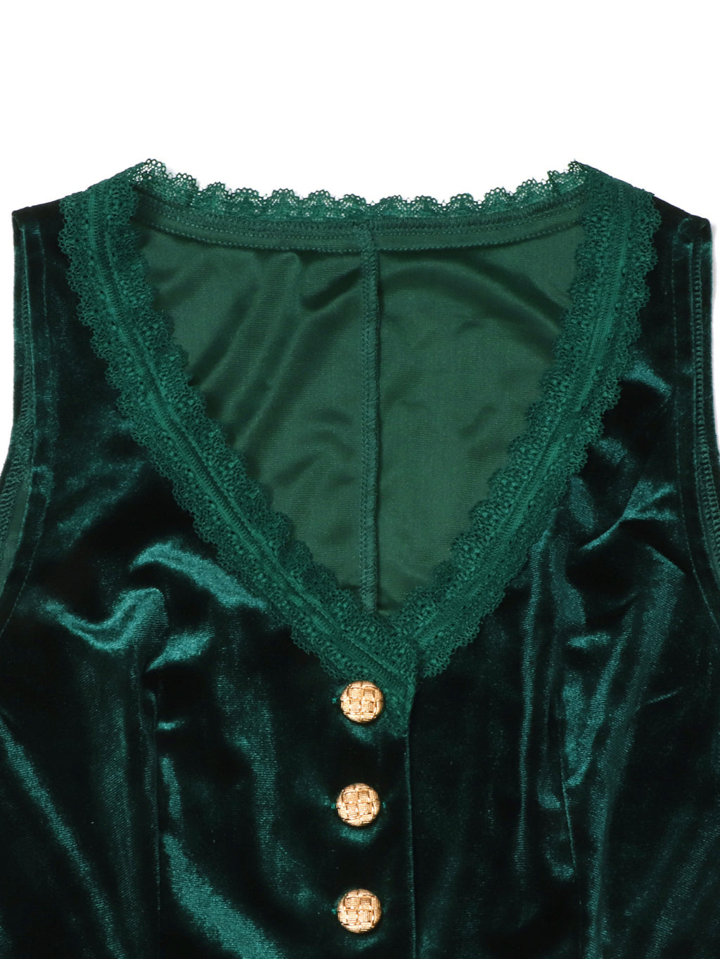 Velvet button-down vest with delicate lace trim, trendy tops by Trendsi, featuring a soft velvet fabric and elegant lace detail.