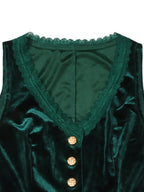 Velvet button-down vest with delicate lace trim, trendy tops by Trendsi, featuring a soft velvet fabric and elegant lace detail.