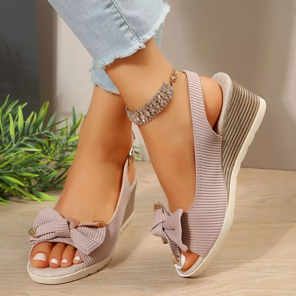 Shopimist open toe wedge sandals with a stylish design, featuring a cork wedge heel and adjustable ankle strap.