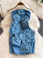 Floral applique strapless denim dress by Trendsi, showing close-up of floral details and strapless design.