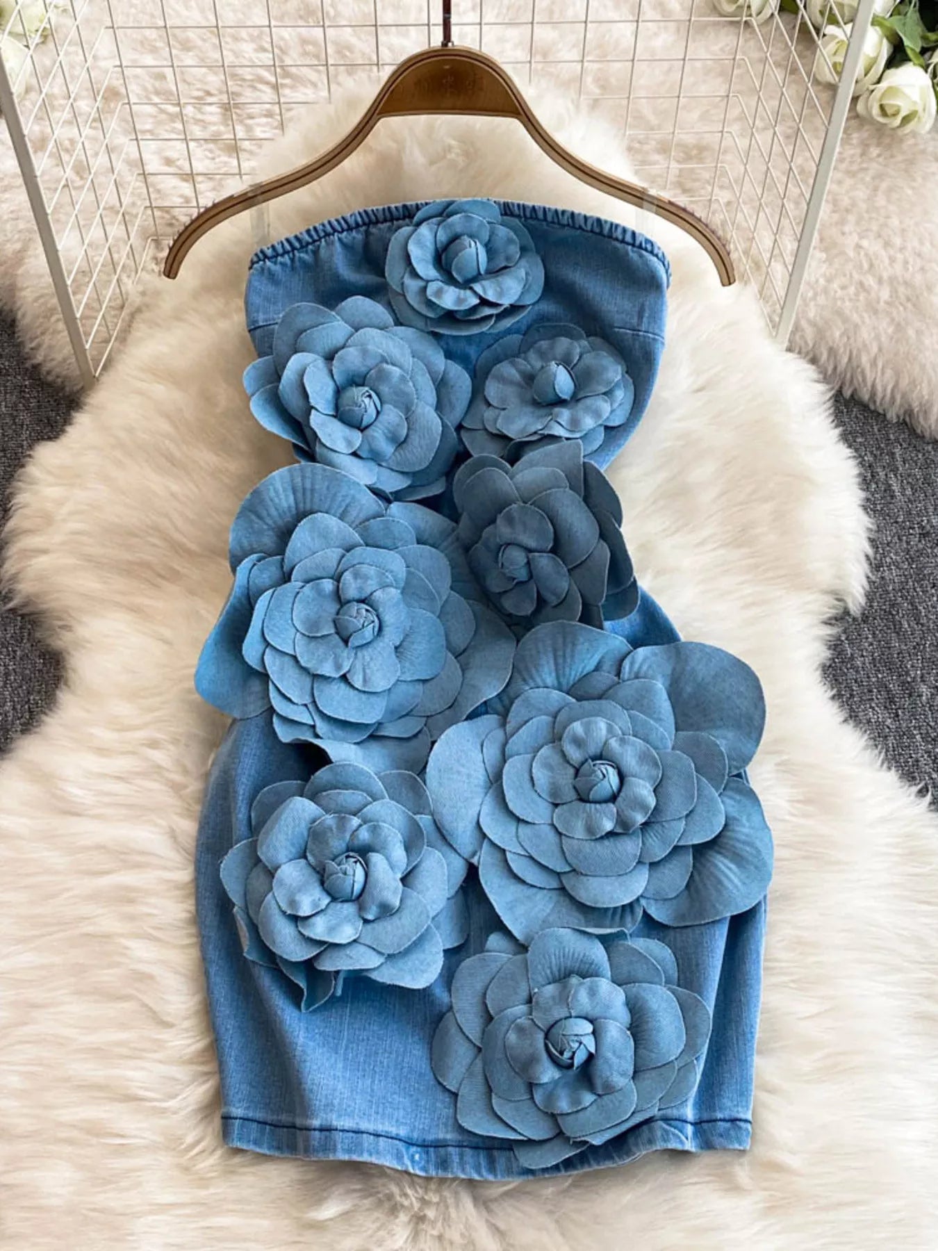 Floral applique strapless denim dress by Trendsi, showing close-up of floral details and strapless design.