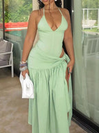 Halter neck ruched bodysuit and maxi skirt set by Shopimist, featuring a fitted bodysuit and flowing skirt in a stylish design.