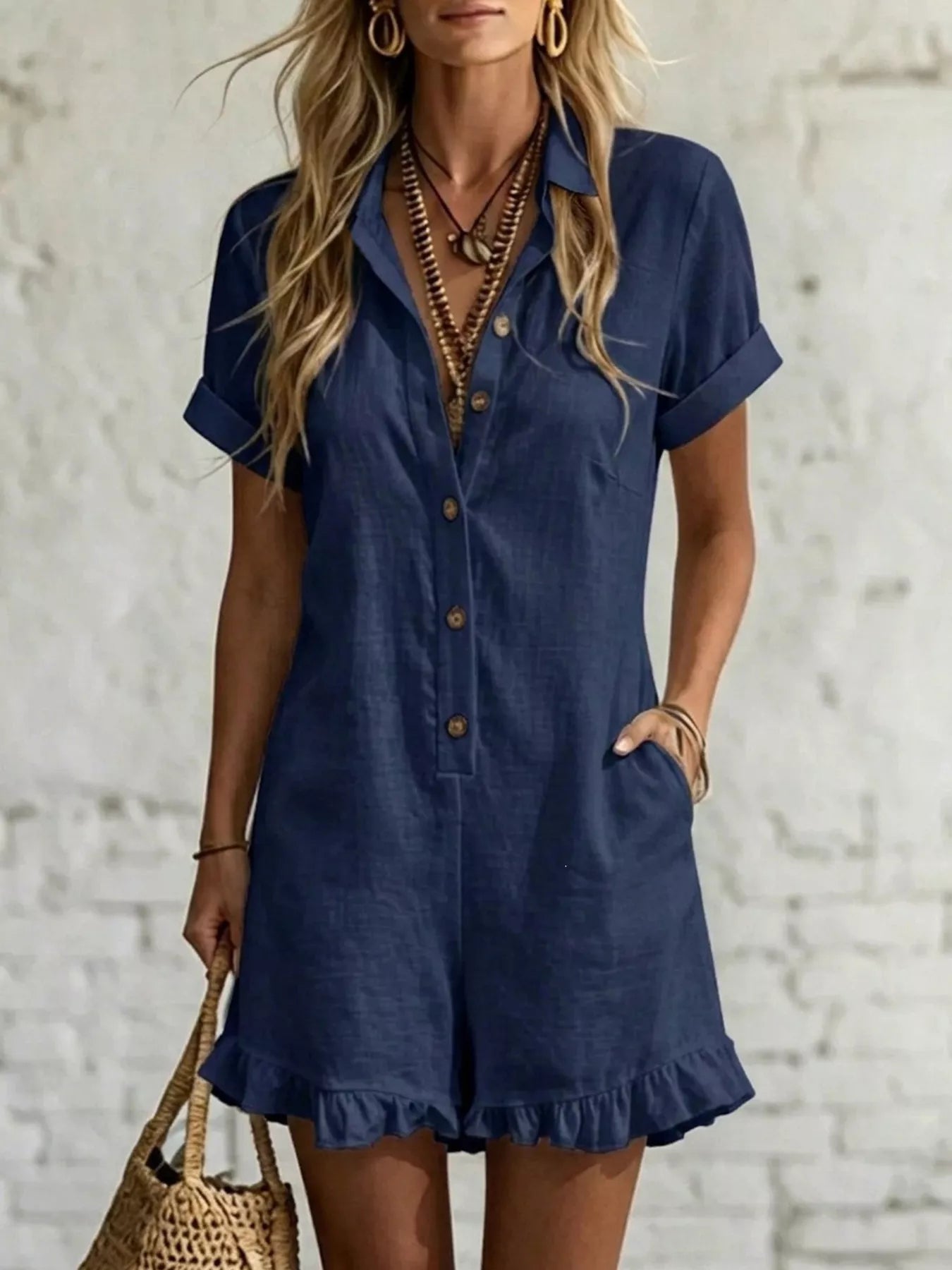 Plus size button-front ruffled hem romper in casualwear style, featuring a full-size trendy design by Trendsi.
