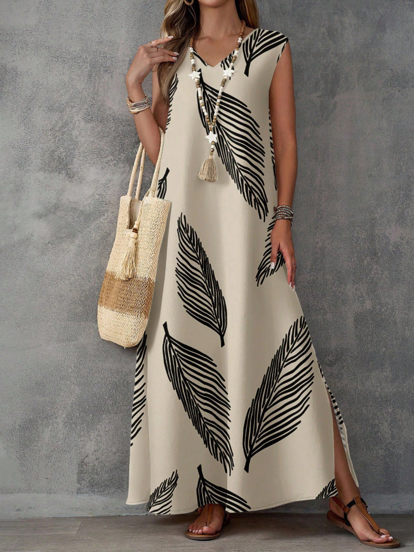 Printed V-neck sleeveless high-waist maxi dress by FitiqueFit in three colors, featuring a flowing design and elegant style.