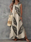 Printed V-neck sleeveless high-waist maxi dress by FitiqueFit in three colors, featuring a flowing design and elegant style.