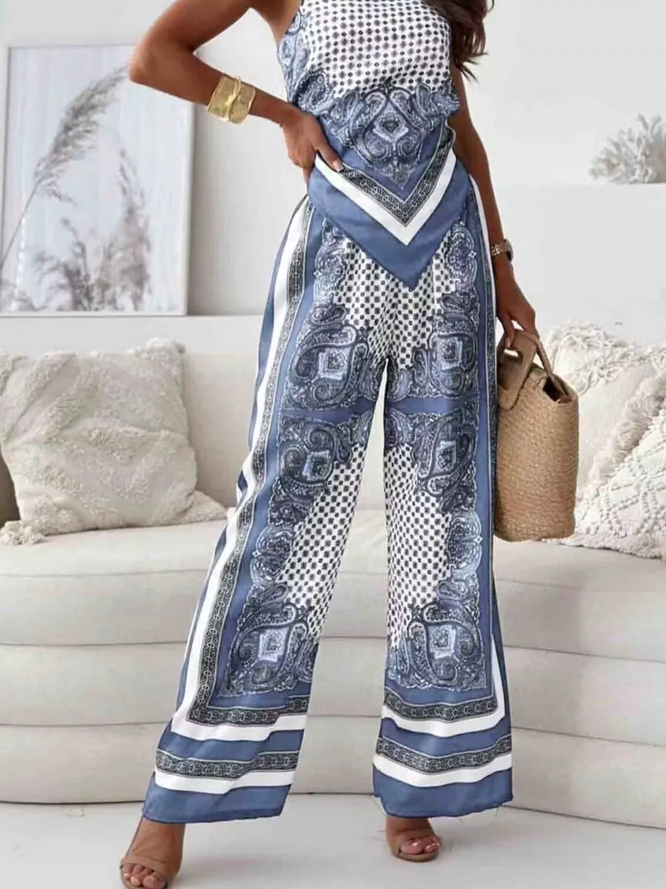 Shopimist printed cami and wide-leg pants set featuring a stylish, coordinated outfit with a colorful floral pattern.
