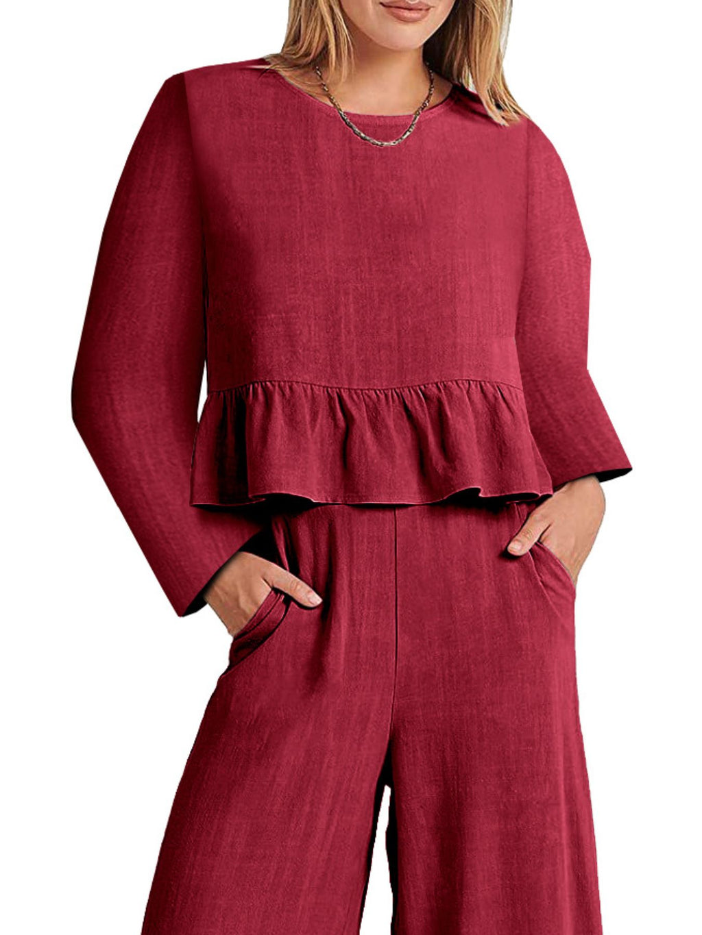 Women's ruffled hem long sleeve top and pants lounge set from Trendsi, featuring pockets and a comfortable, stylish look.