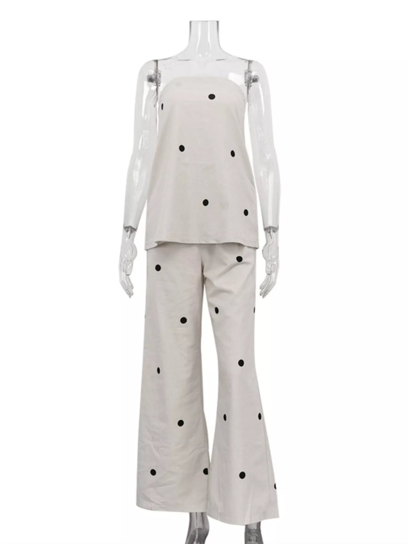 Polka dot tube top and pants set by Shopimist, featuring a stylish matching two-piece outfit with a polka dot pattern.