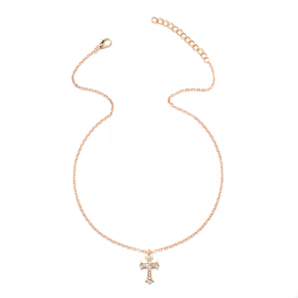 18K gold-plated rhinestone cross necklace with intricate design and sparkling stones, displayed on a neutral background.