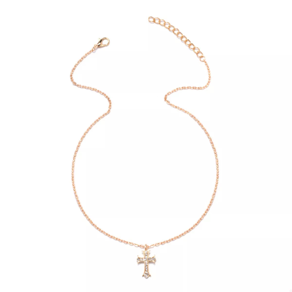 18K gold-plated rhinestone cross necklace with intricate design and sparkling stones, displayed on a neutral background.