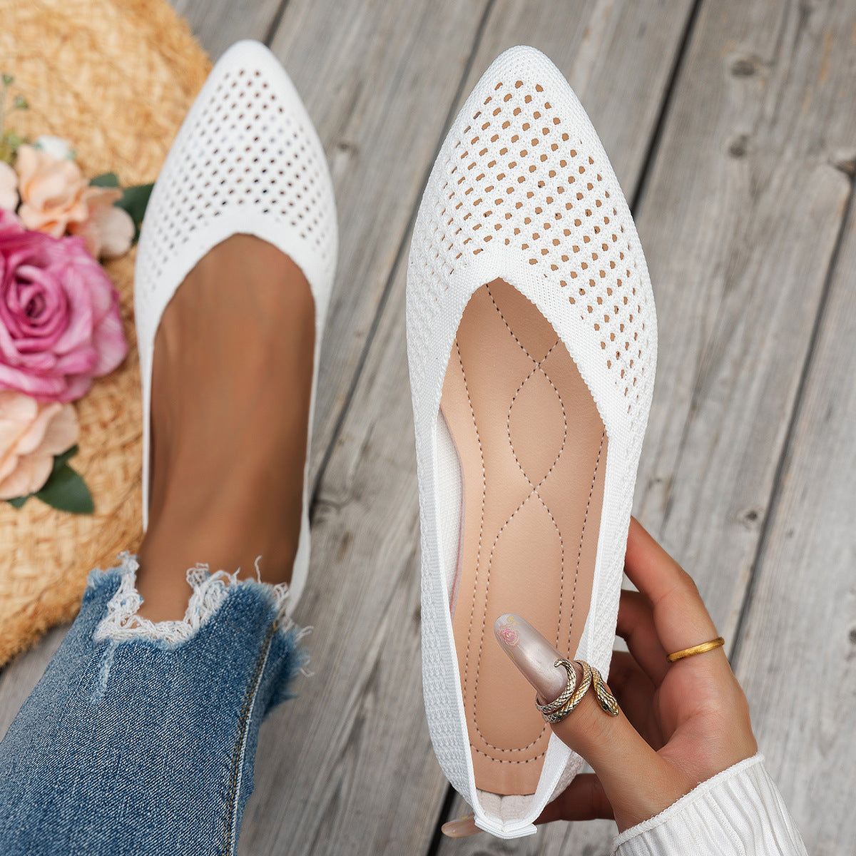Women's pointed toe Flyknit slip-on loafers by Plush Fashion Hub, showcasing sleek design and casual flat footwear style.