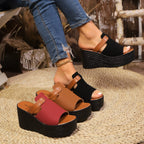 Women's open toe wedge sandals with stylish PU leather straps and high heels, featuring a comfortable and trendy design.