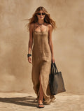 Women's minimalist sleeveless slip dress by Plush Fashion Hub, loose fit resort style casualwear, shown in natural fabric and relaxed fit.