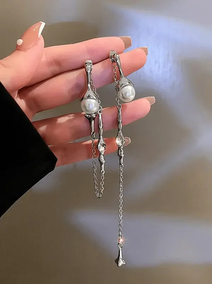 A two-piece pearl chain asymmetric rhinestone tassel long earring - Plush Fashion Hub