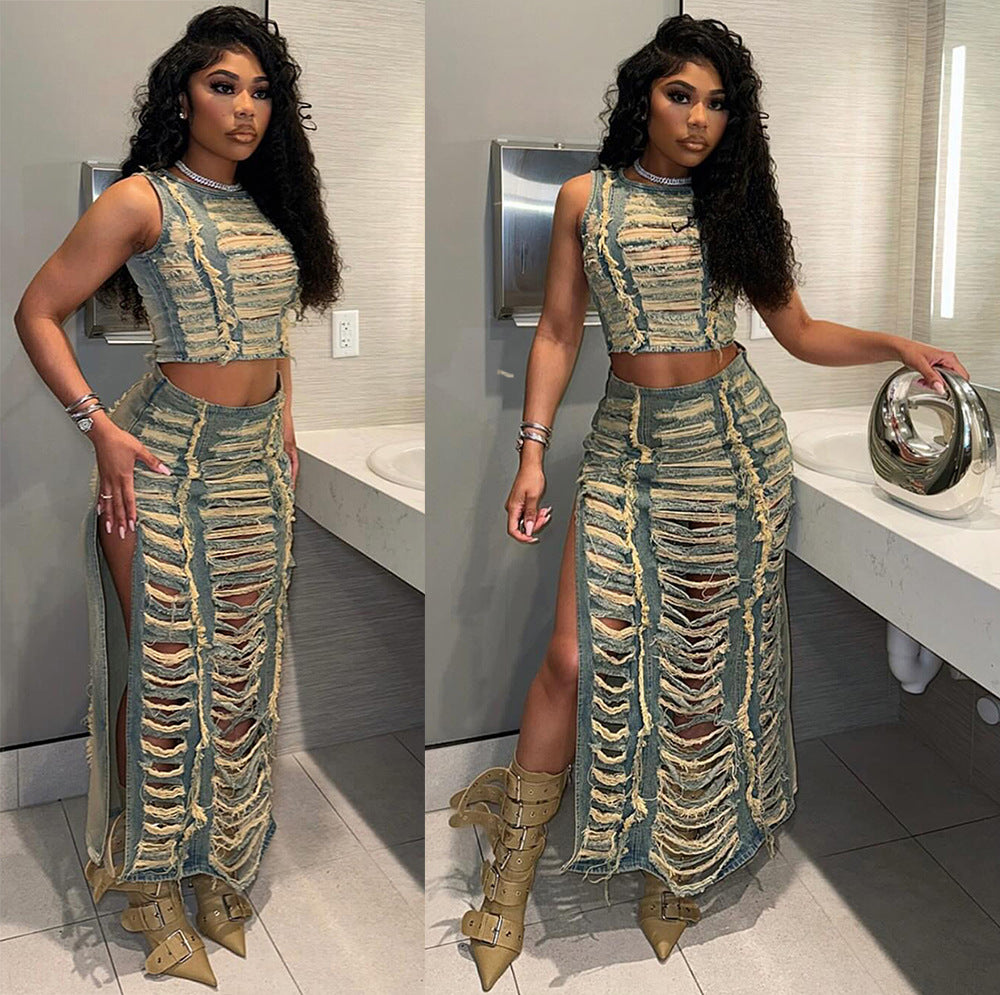Handcrafted distressed denim vest and slit skirt set for women, showcasing a trendy, stylish outfit from Plush Fashion Hub.