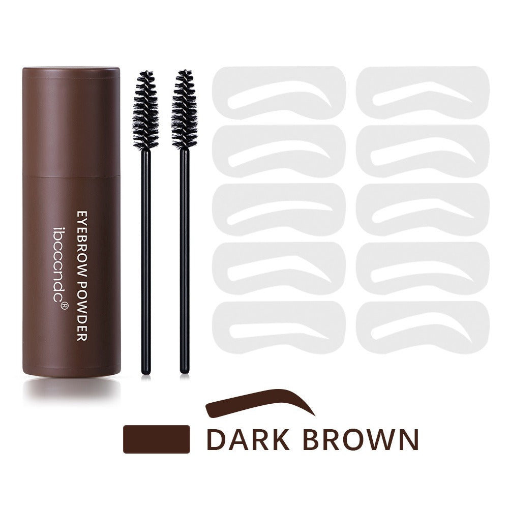 Dark brown eyebrow powder set with two spoolie brushes and ten reusable stencils on a white background.
