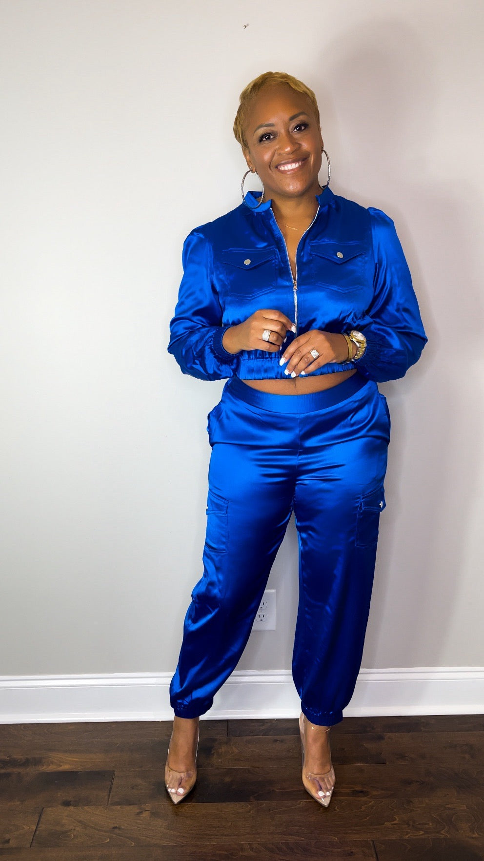 Blue Satin Cargo Jogger Set The Bella Noire Store