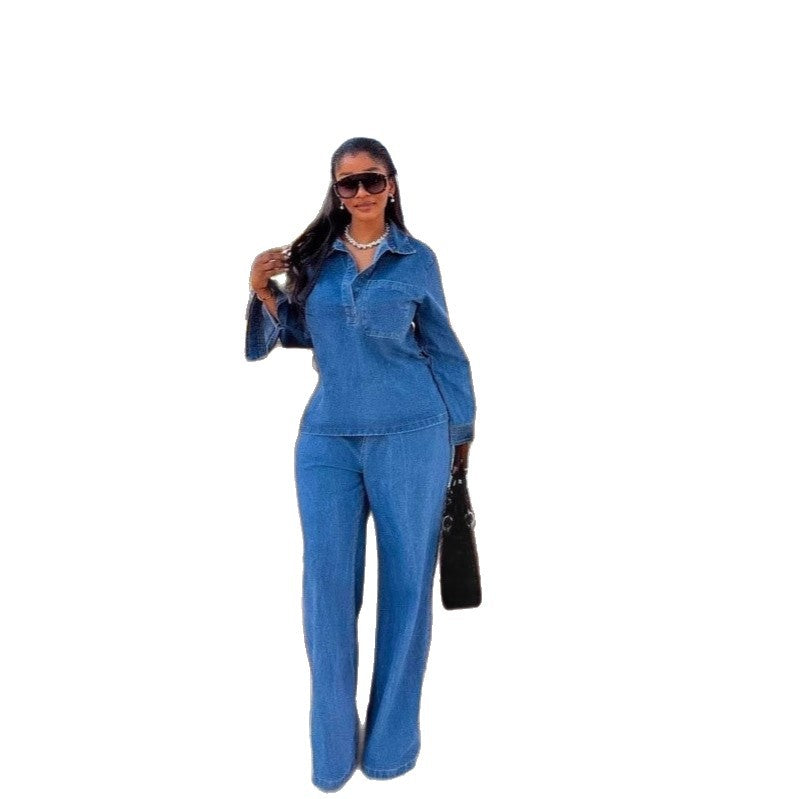 Clothing  Casual Western-style Denim Pants Set, Loose Comfortable Open Front Long Sleeve Top, Women's Casual Outfit