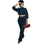 Denim Set Fashion Long Sleeve Cropped Jacket High Waist Denim Pants