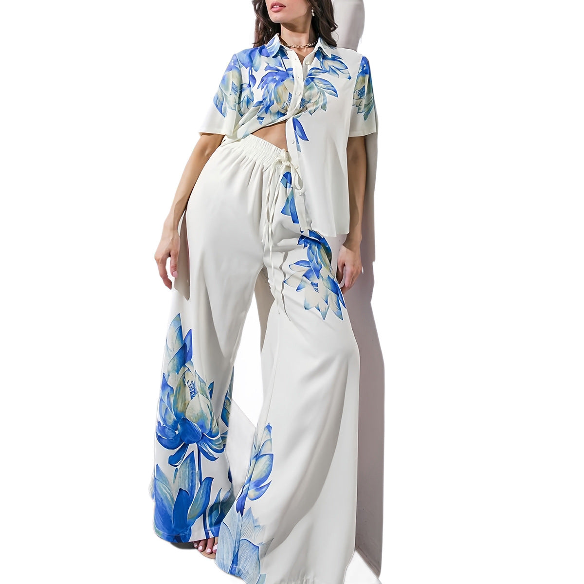 Blue floral two-piece wide-leg pant set with a matching top, designed by eprolo, displayed on a neutral background.