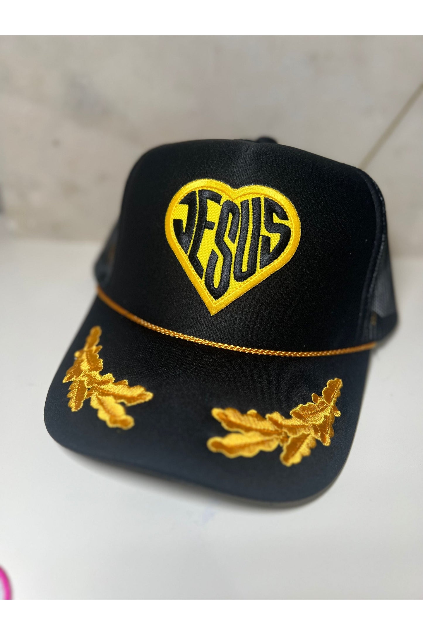 Gold Leaf Jesus trucker hat Pretty Little Patriot