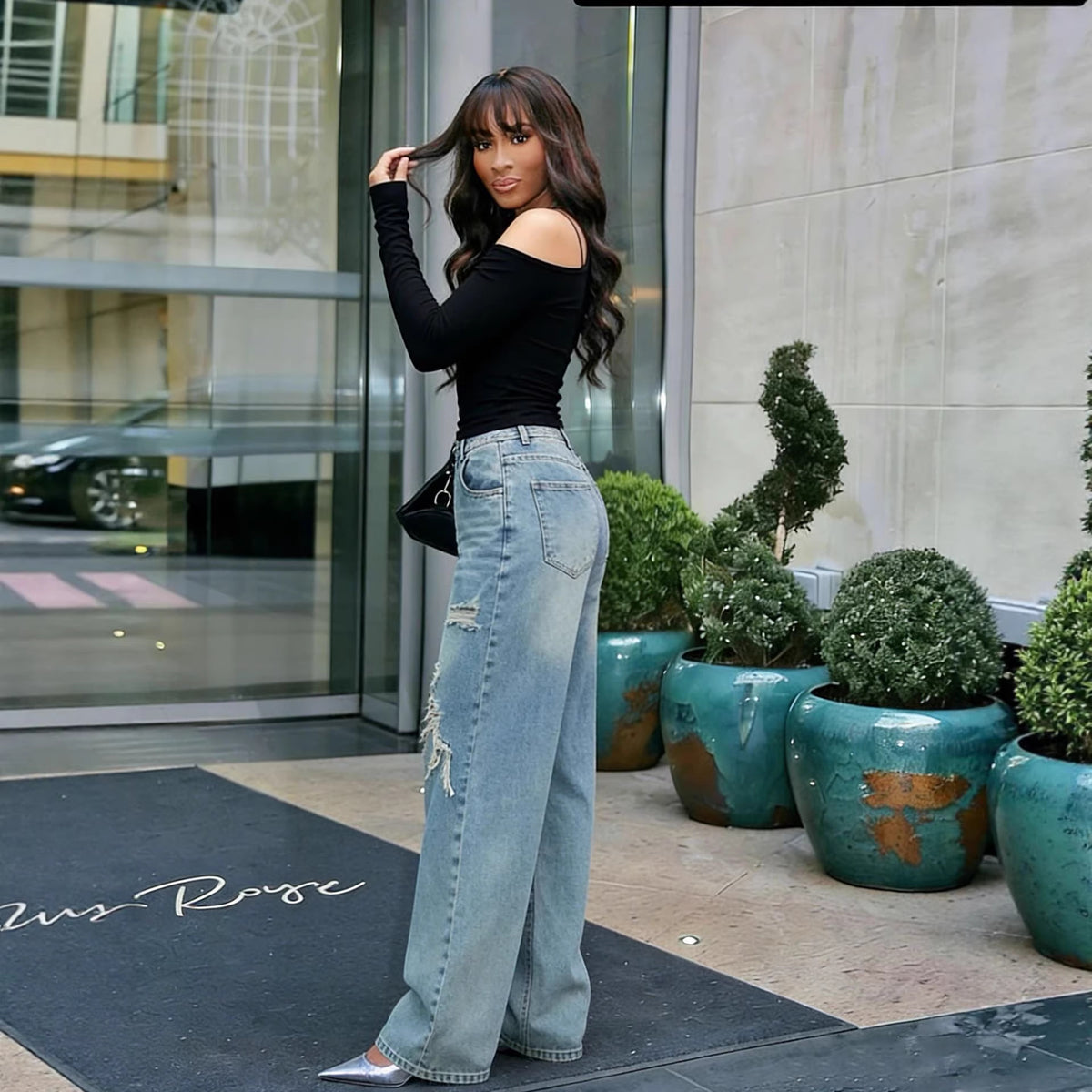 Layered patchwork ripped washed straight-leg denim jeans by Plush Fashion Hub, showcasing distressed details and stylish fit.