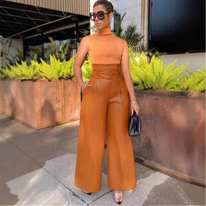Eprolo fashion high-waisted PU leather trousers for women with wide legs and metallic belt, perfect for trendy nightclub looks.