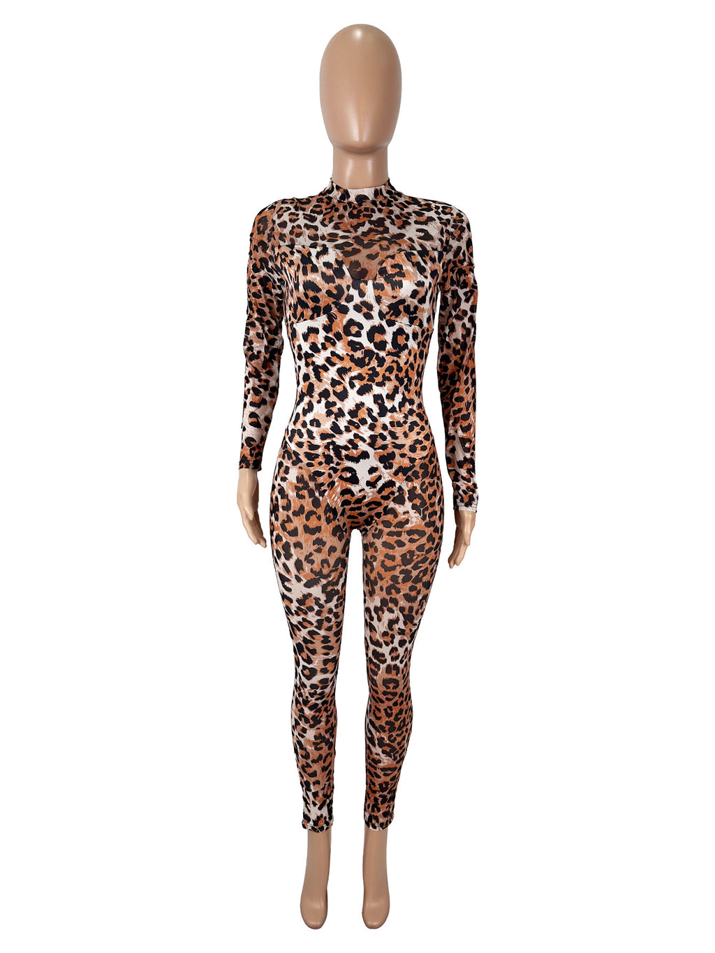 Mesh Leopard Print High-Waisted Fitted Bodycon Jumpsuit for Women