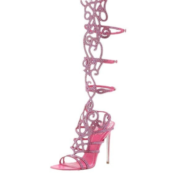 Embellished suede laser-cut Roman sandals by Plush Fashion Hub featuring intricate cutout details and stylish design.