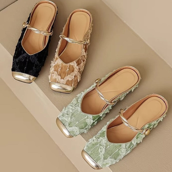 Embroidered retro chic Baotou mules sandals in beige with floral embroidery, plush fashion hub, stylish open-toe design