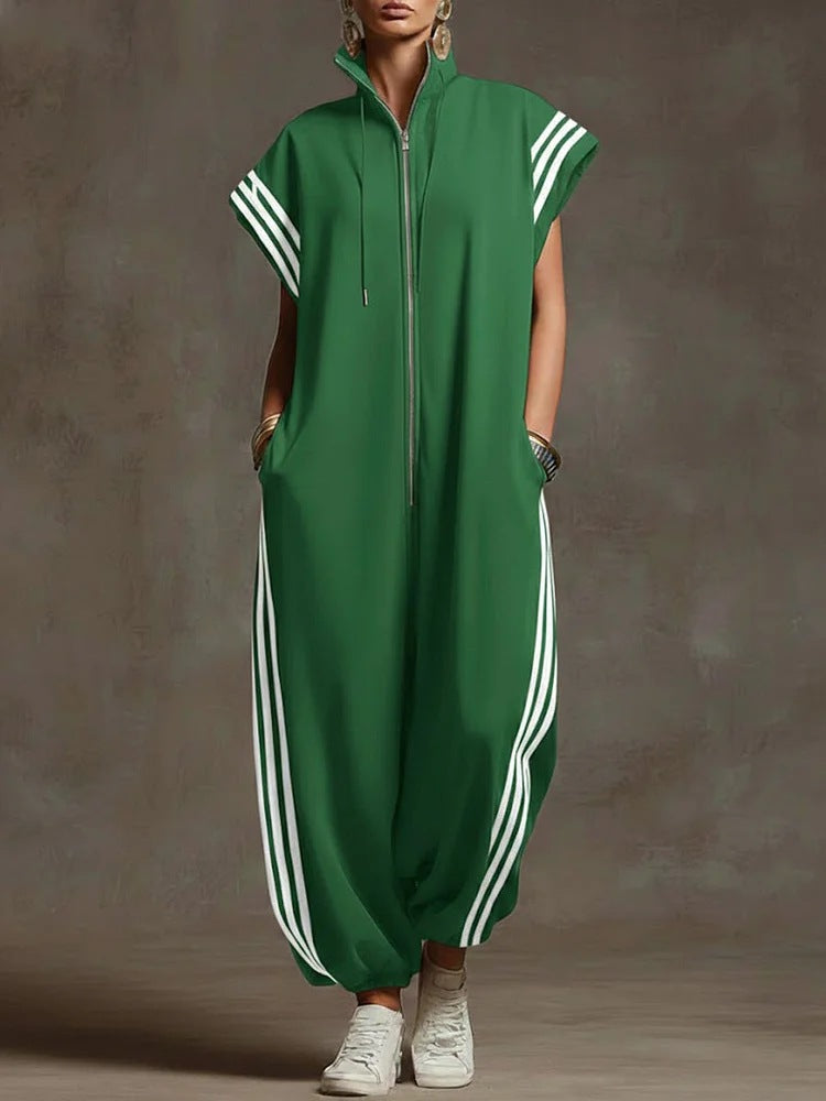 Fashionable Stripe Zipper Stand Collar Jumpsuit for Spring and Summer